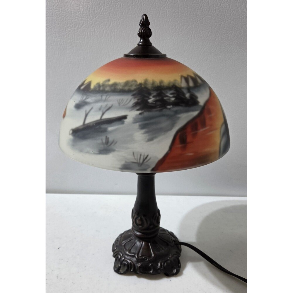 Reverse Painted Glass Table Lamp Winter Landscape Howling  Wolf 13" - Picture 2 of 5